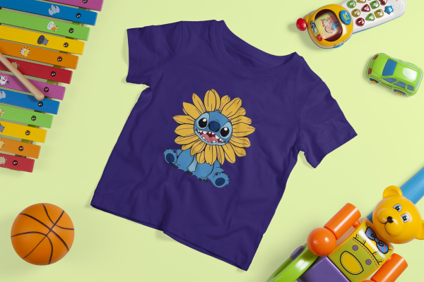Kids Cotton T-Shirt – Stitch with Sunflowers - Image 2