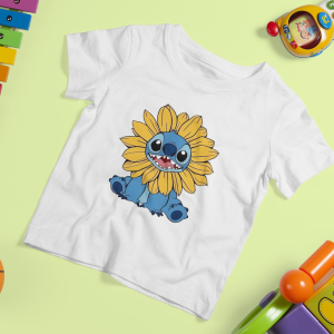 Kids Cotton T-Shirt – Stitch with Sunflowers