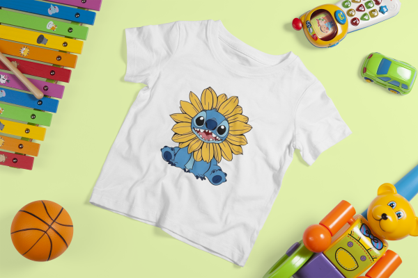Kids Cotton T-Shirt – Stitch with Sunflowers
