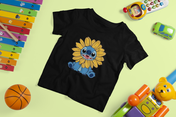 Kids Cotton T-Shirt – Stitch with Sunflowers - Image 3