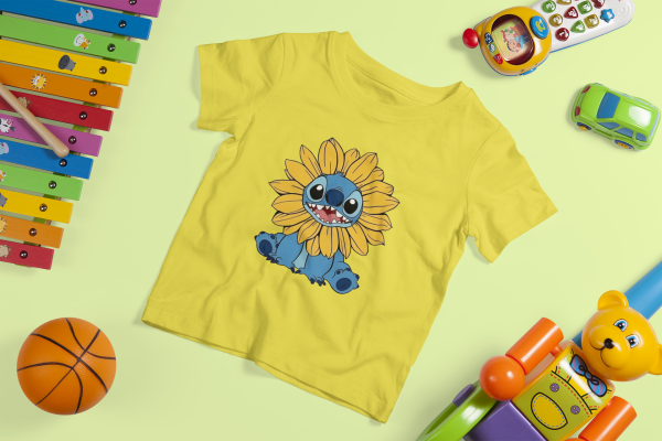 Kids Cotton T-Shirt – Stitch with Sunflowers - Image 4