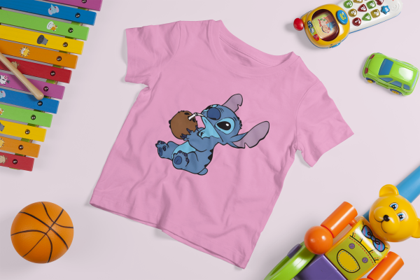 Chill Stitch Drinking Coconut T-Shirt – Fun Vacation Vibes for Kids - Image 2